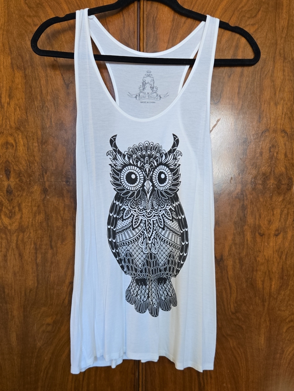 Bear Dance White Razor Back Tank with Black Owl Graphic
